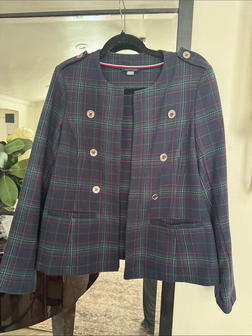 Tommy Hilfiger Navy Plaid Double-Breasted Blazer